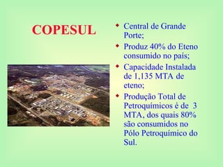 COPESUL
 Central de Grande
Porte;
 Produz 40% do Eteno
consumido no país;
 Capacidade Instalada
de 1,135 MTA de
eteno;
 Produção Total de
Petroquímicos é de 3
MTA, dos quais 80%
são consumidos no
Pólo Petroquímico do
Sul.
 