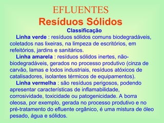 EFLUENTES
Resíduos Sólidos
Classificação
Linha verde : resíduos sólidos comuns biodegradáveis,
coletados nas lixeiras, na limpeza de escritórios, em
refeitórios, jardins e sanitários.
Linha amarela : resíduos sólidos inertes, não-
biodegradáveis, gerados no processo produtivo (cinza de
carvão, lamas e lodos industriais, resíduos atóxicos de
catalisadores, isolantes térmicos de equipamentos).
Linha vermelha : são resíduos perigosos, podendo
apresentar características de inflamabilidade,
corrosividade, toxicidade ou patogenicidade. A borra
oleosa, por exemplo, gerada no processo produtivo e no
pré-tratamento do efluente orgânico, é uma mistura de óleo
pesado, água e sólidos.
 