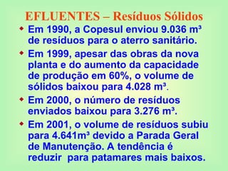 EFLUENTES – Resíduos Sólidos
 Em 1990, a Copesul enviou 9.036 m³
de resíduos para o aterro sanitário.
 Em 1999, apesar das obras da nova
planta e do aumento da capacidade
de produção em 60%, o volume de
sólidos baixou para 4.028 m³.
 Em 2000, o número de resíduos
enviados baixou para 3.276 m³.
 Em 2001, o volume de resíduos subiu
para 4.641m³ devido a Parada Geral
de Manutenção. A tendência é
reduzir para patamares mais baixos.
 
