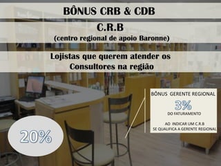 C.R.B 
(centro regional de apoio Baronne) 
BÔNUS GERENTE REGIONAL 
AO INDICAR UM C.R.B 
SE QUALIFICA A GERENTE REGIONAL 
DO FATURAMENTO 
BÔNUS CRB & CDB 
Lojistas que querem atender os 
Consultores na região  