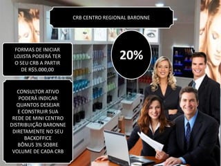 CRB CENTRO REGIONAL BARONNE
FORMAS DE INICIAR
LOJISTA PODERÁ TER
O SEU CRB A PARTIR
DE R$5.000,00
CONSULTOR ATIVO
PODERÁ INDICAR
QUANTOS DESEJAR
E CONSTRUIR SUA
REDE DE MINI CENTRO
DISTRIBUIÇÃO BARONNE
DIRETAMENTE NO SEU
BACKOFFICE
BÔNUS 3% SOBRE
VOLUME DE CADA CRB
20%
 