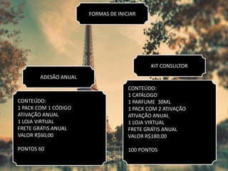 FORMAS DE INICIAR
KIT CONSULTOR
CONTEÚDO:
1 CATÁLOGO
1 PARFUME 30ML
1 PACK COM 2 ATIVAÇÃO
ATIVAÇÃO ANUAL
1 LOJA VIRTUAL
FRETE GRÁTIS ANUAL
VALOR R$180,00
100 PONTOS
ADESÃO ANUAL
CONTEÚDO:
1 PACK COM 1 CÓDIGO
ATIVAÇÃO ANUAL
1 LOJA VIRTUAL
FRETE GRÁTIS ANUAL
VALOR R$60,00
PONTOS 60
 