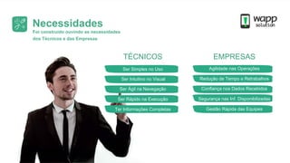 Necessidades
TÉCNICOS EMPRESAS
Ser Simples no Uso Agilidade nas Operações
Ser Intuitivo no Visual Redução de Tempo e Retrabalhos
Ser Ágil na Navegação Confiança nos Dados Recebidos
Ser Rápido na Execução Segurança nas Inf. Disponibilizadas
Ter Informações Completas Gestão Rápida das Equipes
Foi construído ouvindo as necessidades
dos Técnicos e das Empresas
 