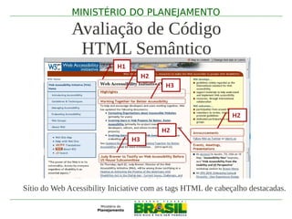 MINISTÉRIO DO PLANEJAMENTO

              Avaliação de Código
               HTML Semântico




Sítio do Web Acessibility Iniciative com as tags HTML de cabeçalho destacadas.
 