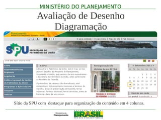 MINISTÉRIO DO PLANEJAMENTO

           Avaliação de Desenho
               Diagramação




Sítio da SPU com destaque para organização do conteúdo em 4 colunas.
 