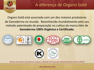 A diferença de Organo Gold

  Organo Gold está associada com um dos maiores produtores
de Ganoderma no mundo. Reconhecido mundialmente pelo seu
 método patenteado de preparação no cultivo da marca líder de
          Ganoderma 100% Orgânico e Certificado.




   Patente de produtos Ganoderma Lucidum e Método de Preparação (Patente Numero ZL01101789.9)
 
