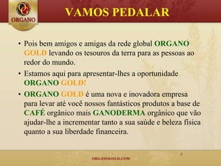VAMOS PEDALAR

• Pois bem amigos e amigas da rede global ORGANO
  GOLD levando os tesouros da terra para as pessoas ao
  redor do mundo.
• Estamos aqui para apresentar-lhes a oportunidade
  ORGANO GOLD!
• ORGANO GOLD é uma nova e inovadora empresa
  para levar até você nossos fantásticos produtos a base de
  CAFÉ orgânico mais GANODERMA orgânico que vão
  ajudar-lhe a incrementar tanto a sua saúde e beleza física
  quanto a sua liberdade financeira.

                                                     2
 