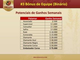 #3 Bônus de Equipe (Binário)

Potenciais de Ganhos Semanais
        Patamar        Ganho Semanal
    Associado                $ 500
    Supervisor             $ 1.000
    Consultor              $ 1.500
    Safira                 $ 5.000
    Rubi                  $ 10.000
    Esmeralda             $ 15.000
    Diamante              $ 20.000
    Diamante Azul         $ 30.000
    Diamante Negro        $ 40.000
    Diamante Coroa        $ 50.000
    Embaixador Coroa      $ 75.000
 