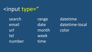 search
email
url
tel
number
range
date
month
week
time
datetime
datetime-local
color
<input type=“
 