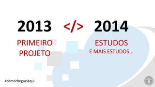2013
PRIMEIRO
PROJETO
2014
ESTUDOS
E MAIS ESTUDOS...
</>
#comochegueiaqui
 