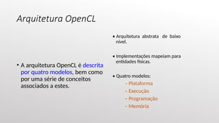 Arquitetura OpenCL
• A arquitetura OpenCL é descrita
por quatro modelos, bem como
por uma série de conceitos
associados a estes.
• Arquitetura abstrata de baixo
nível.
• Implementações mapeiam para
entidades físicas.
• Quatro modelos:
– Plataforma
– Execução
– Programação
– Memória
 