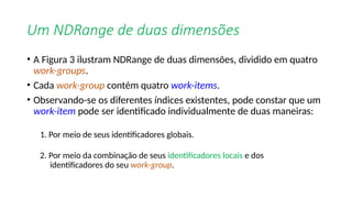 Um NDRange de duas dimensões
• A Figura 3 ilustram NDRange de duas dimensões, dividido em quatro
work-groups.
• Cada work-group contém quatro work-items.
• Observando-se os diferentes índices existentes, pode constar que um
work-item pode ser identificado individualmente de duas maneiras:
1. Por meio de seus identificadores globais.
2. Por meio da combinação de seus identificadores locais e dos
identificadores do seu work-group.
 