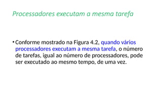 Processadores executam a mesma tarefa
•Conforme mostrado na Figura 4.2, quando vários
processadores executam a mesma tarefa, o número
de tarefas, igual ao número de processadores, pode
ser executado ao mesmo tempo, de uma vez.
 