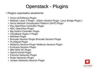 Openstack - PluginsOpenstack - Plugins
● Plugins suportados atualmente
● Cisco UCS/Nexus Plugin
● Modular Layer 2 Plugin - (Open vSwitch Plugin, Linux Bridge Plugin )
● Nicira Network Virtualization Platform (NVP) Plugin
● Ryu OpenFlow Controller Plugin
● NEC OpenFlow Plugin
● Big Switch Controller Plugin
● Cloudbase Hyper-V Plugin
● MidoNet Plugin
● Brocade Neutron Plugin Brocade Neutron Plugin
● PLUMgrid Plugin
● Mellanox Neutron Plugin Mellanox Neutron Plugin
● Embrane Neutron Plugin
● IBM SDN-VE Plugin
● OpenContrail Plugin
● Extreme Networks Plugin
● Ruijie Networks Plugin
● Juniper Networks Neutron Plugin
 