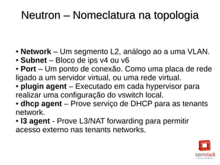 Neutron – Nomeclatura na topologiaNeutron – Nomeclatura na topologia
● Network – Um segmento L2, análogo ao a uma VLAN.
● Subnet – Bloco de ips v4 ou v6
● Port – Um ponto de conexão. Como uma placa de rede
ligado a um servidor virtual, ou uma rede virtual.
● plugin agent – Executado em cada hypervisor para
realizar uma configuração do vswitch local.
● dhcp agent – Prove serviço de DHCP para as tenants
network.
● l3 agent - Prove L3/NAT forwarding para permitir
acesso externo nas tenants networks.
 