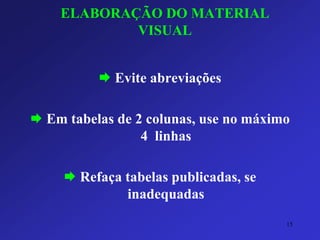 ELABORAÇÃO DO MATERIAL VISUAL 
Evite abreviações 
Em tabelas de 2 colunas, use no máximo 4 linhas 
Refaça tabelas publicadas, se inadequadas 
15 
 