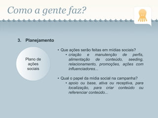 Como a gente faz?
3. Planejamento
Plano de
ações
sociais
• Que ações serão feitas em mídias sociais?
• criação e manutenção de perfis,
alimentação de conteúdo, seeding,
relacionamento, promoções, ações com
influenciadores...
• Qual o papel da mídia social na campanha?
• apoio ou base, ativa ou receptiva, para
localização, para criar conteúdo ou
referenciar conteúdo...
 