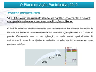 O Plano de Ação Participativo 2012

PONTOS IMPORTANTES:
VI. O PAP é um instrumento aberto, de caráter incremental e deverá
ser aperfeiçoado ano a ano com a aplicação na Rede.

O PAP foi contruído colaborativamente com representação das diversas instâncias de
decisão envolvidas no planejamento e na execução das ações previstas nos 5 eixos de
gestão. Certamente, com a sua aplicação na rede, novas oportunidades de
aprimoramento surgirão e ajustes e melhorias poderão ser incorporadas em suas
próximas edições.




                                                             Prioridade
                                                                                                     Dimensão Gestão Pedagógica


                                                                                                     Foco        Professor Coordenador

                                                                                                   Nível de Importância               Nível de Satisfação




                                                             Diagnóstico
                                                                                               (   ) Alta importância          (   ) Totalmente insatisfatório
                                                                                               (   ) Média importância         (   ) Insatisfatório
                                                                                                                               (   ) Não sabe ou tem dúvidas
                                                                                               (   ) Baixa importância         (   ) Satisfatório
                                                                                               (   ) Não se aplica             (   ) Totalmente satisfatório




                                                        Resultados Objetivos Problemas Fatos
                                               2014
                                        2013


                                                        Desejados
                                                                                                                                                    Valor      Data




                                                                                                                                         Situação
                                                                                                                                           Atual
                                                             Indicador
                                                                                                                                                            __/__/201__




                                 2012



                                                                                                                                          Meta
                                                                                                                                                            __/__/201__




                                                             Ação
 