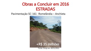 Obras a Concluir em 2016
ESTRADAS
Pavimentação SC-161 -Romelândia – Anchieta
+R$ 35 milhões
Fonte: Sicop em 30/11/2015
 