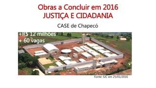 Obras a Concluir em 2016
JUSTIÇA E CIDADANIA
CASE de Chapecó
+R$ 12 milhões
+ 60 vagas
Fonte: SJC em 25/01/2016
 