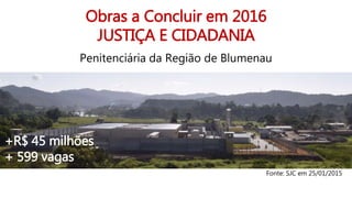 Obras a Concluir em 2016
JUSTIÇA E CIDADANIA
Penitenciária da Região de Blumenau
+R$ 45 milhões
+ 599 vagas
Fonte: SJC em 25/01/2015
 