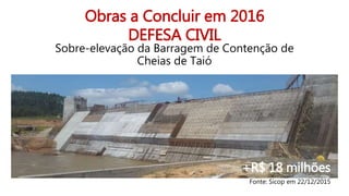 Obras a Concluir em 2016
DEFESA CIVIL
Sobre-elevação da Barragem de Contenção de
Cheias de Taió
+R$ 18 milhões
Fonte: Sicop em 22/12/2015
 