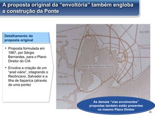 A proposta original da “envoltória” também engloba
a construção da Ponte
25
Detalhamento da
proposta original
▪ Proposta formulada em
1967, por Sérgio
Bernardes, para o Plano
Diretor do CIA
▪ Envolve a criação de um
“anel viário”, integrando o
Recôncavo, Salvador e a
Ilha de Itaparica (através
de uma ponte)
As demais “vias envolventes”
propostas também estão presentes
no mesmo Plano Diretor
 