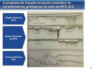 A proposta de traçado da ponte considera as
características geológicas do solo da BTS (2/2)
45
Região Norte da
BTS
Região Nordeste
da BTS
Canal central da
BTS
 