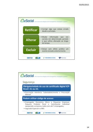 03/05/2015
14
• Corrigir algo que estava errado
desde o princípio.Retificar
• Mudar informação que era
correta em determinado período
e que sofreu alteração ao longo
do tempo.
Alterar
• Deixar sem efeito jurídico um
evento enviado anteriormente.Excluir
Segurança
Obrigatoriedade do uso de certificado digital ICP-
Brasil: A1 ou A3.
• Procuração eletrônica: Subestabelecimento e Procuração
Manual.
Podem utilizar código de acesso:
• Empregador Doméstico, Micro e Pequenas Empresas,
Pequeno Produtor Rural e Contribuinte Individual
equiparado a empresa, todos com até 7 empregados;
• Segurado Especial e o MEI.
 