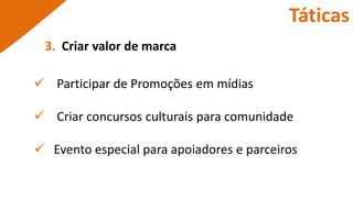 Táticas Aumentar a visibilidade na imprensa. Realizar um evento fechado de apresentação do espaço.