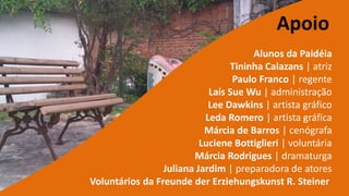 ApoioAlunos da Paidéia Tininha Calazans |atrizPaulo Franco |regenteLaís Sue Wu |administraçãoLee Dawkins| artista gráfico Leda Romero |artista gráficaMárcia de Barros |cenógrafaLuciene Bottiglieri| voluntáriaMárcia Rodrigues |dramaturgaJuliana Jardim |preparadora de atoresVoluntários da Freunde der Erziehungskunst R. Steiner 