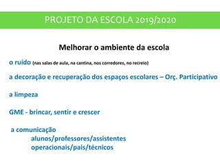 PROJETO DA ESCOLA 2019/2020
o ruído (nas salas de aula, na cantina, nos corredores, no recreio)
a decoração e recuperação dos espaços escolares – Orç. Participativo
a limpeza
GME - brincar, sentir e crescer
a comunicação
alunos/professores/assistentes
operacionais/pais/técnicos
Melhorar o ambiente da escola
 