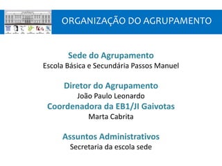 ORGANIZAÇÃO DO AGRUPAMENTO
Sede do Agrupamento
Escola Básica e Secundária Passos Manuel
Diretor do Agrupamento
João Paulo Leonardo
Coordenadora da EB1/JI Gaivotas
Marta Cabrita
Assuntos Administrativos
Secretaria da escola sede
 