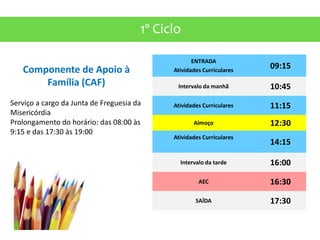 1º Ciclo
ENTRADA
Atividades Curriculares
09:15
Intervalo da manhã 10:45
Atividades Curriculares 11:15
Almoço 12:30
Atividades Curriculares
14:15
Intervalo da tarde 16:00
AEC 16:30
SAÍDA 17:30
Componente de Apoio à
Família (CAF)
Serviço a cargo da Junta de Freguesia da
Misericórdia
Prolongamento do horário: das 08:00 às
9:15 e das 17:30 às 19:00
 