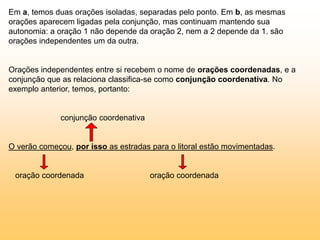 Em a, temos duas orações isoladas, separadas pelo ponto. Em b, as mesmas
orações aparecem ligadas pela conjunção, mas continuam mantendo sua
autonomia: a oração 1 não depende da oração 2, nem a 2 depende da 1. são
orações independentes um da outra.
Orações independentes entre si recebem o nome de orações coordenadas, e a
conjunção que as relaciona classifica-se como conjunção coordenativa. No
exemplo anterior, temos, portanto:
conjunção coordenativa
O verão começou, por isso as estradas para o litoral estão movimentadas.
oração coordenada oração coordenada
 