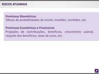 Premissas Biométricas
Tábuas de probabilidades de morte, invalidez, morbidez, etc.
Premissas Econômicas e Financeiras
Projeções de contribuições, benefícios, crescimento salarial,
reajuste dos benefícios, taxas de juros, etc.
RISCOS ATUARIAIS
 