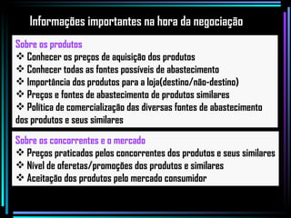 Sobre os produtos Conhecer os preços de aquisição dos produtos Conhecer todas as fontes possíveis de abastecimento Importância dos produtos para a loja(destino/não-destino) Preços e fontes de abastecimento de produtos similares Política de comercialização das diversas fontes de abastecimento dos produtos e seus similares  Sobre os concorrentes e o mercado Preços praticados pelos concorrentes dos produtos e seus similares Nível de oferetas/promoções dos produtos e similares Aceitação dos produtos pelo mercado consumidor Informações importantes na hora da negociação 