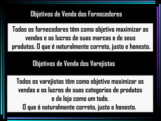 Todos os fornecedores têm como objetivo maximizar as vendas e os lucros de suas marcas e de seus produtos. O que é naturalmente correto, justo e honesto. Todos os varejistas têm como objetivo maximizar as vendas e os lucros de suas categorias de produtos e da loja como um todo.  O que é naturalmente correto, justo e honesto.  Objetivos de Venda dos Fornecedores Objetivos de Venda dos Varejistas 