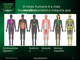 O corpo humano é a mais
completa,
fascinante e fantástica máquina que
existe!
Cardiovascular
Digestivo
Endócrin
o
Muscula
r
Nervoso
Esqueleto
www.suzely.com.br 17
Marketing Pessoal
 