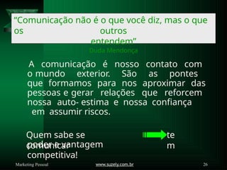 “Comunicação não é o que você diz, mas o que
os outros
entendem”
Duda Mendonça
A comunicação é nosso contato com
o mundo exterior. São as pontes
que formamos para nos aproximar das
pessoas e gerar relações que reforcem
nossa auto- estima e nossa confiança
em assumir riscos.
Quem sabe se
comunicar
te
m
poder e vantagem
competitiva!
www.suzely.com.br 26
Marketing Pessoal
 