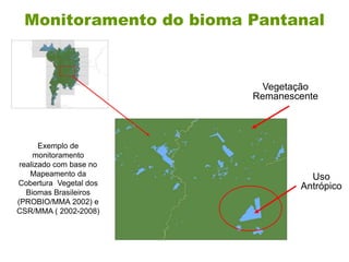 Monitoramento do bioma Pantanal
Exemplo de
monitoramento
realizado com base no
Mapeamento da
Cobertura Vegetal dos
Biomas Brasileiros
(PROBIO/MMA 2002) e
CSR/MMA ( 2002-2008)
Vegetação
Remanescente
Uso
Antrópico
 