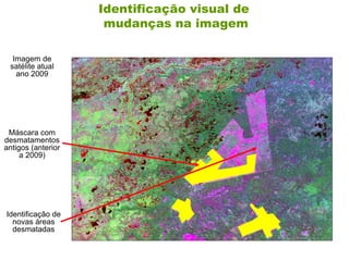 Identificação visual de
mudanças na imagem
Máscara com
desmatamentos
antigos (anterior
a 2009)
Imagem de
satélite atual
ano 2009
Identificação de
novas áreas
desmatadas
 