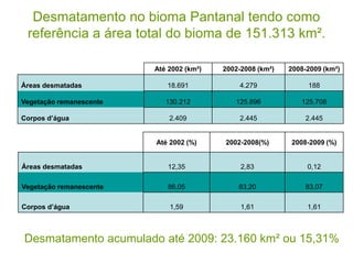 Desmatamento no bioma Pantanal tendo como
referência a área total do bioma de 151.313 km².
Até 2002 (km²) 2002-2008 (km²) 2008-2009 (km²)
Áreas desmatadas 18.691 4.279 188
Vegetação remanescente 130.212 125.896 125.708
Corpos d’água 2.409 2.445 2.445
Até 2002 (%) 2002-2008(%) 2008-2009 (%)
Áreas desmatadas 12,35 2,83 0,12
Vegetação remanescente 86,05 83,20 83,07
Corpos d’água 1,59 1,61 1,61
Desmatamento acumulado até 2009: 23.160 km² ou 15,31%
 