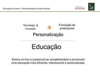 Educação do futuro – Personalização e Ensino Híbrido
Educação
Tecnologia &
Inovação
Personalização
Formação de
professores
Ensino on-line e presencial se complementem e promovem
uma educação mais eficiente, interessante e personalizada.
 