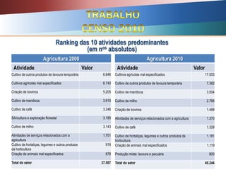Ranking das 10 atividades predominantes
(em nos absolutos)
Agricultura 2000
Atividade Valor
Cultivo de outros produtos de lavoura temporária 6.846
Cultivos agrícolas mal especificados 6.743
Criação de bovinos 5.205
Cultivo de mandioca 3.615
Cultivo de café 3.246
Silvicultura e exploração florestal 3.185
Cultivo de milho 3.143
Atividades de serviços relacionados com a
agricultura
1.701
Cultivo de hortaliças, legumes e outros produtos
da horticultura
919
Criação de animais mal especificados 878
Total do setor 37.507
Agricultura 2010
Atividade Valor
Cultivos agrícolas mal especificados 17.553
Cultivo de outros produtos de lavoura temporária 7.382
Cultivo de mandioca 3.504
Cultivo de milho 2.766
Criação de bovinos 1.488
Atividades de serviços relacionados com a agricultura 1.370
Cultivo de café 1.328
Cultivo de hortaliças, legumes e outros produtos da
horticultura
1.181
Criação de animais mal especificados 1.119
Produção mista: lavoura e pecuária 800
Total do setor 40.244
 