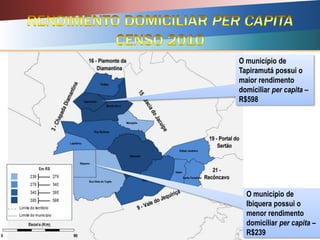 O município de
Tapiramutá possui o
maior rendimento
domiciliar per capita –
R$598
O município de
Ibiquera possui o
menor rendimento
domiciliar per capita –
R$239
 