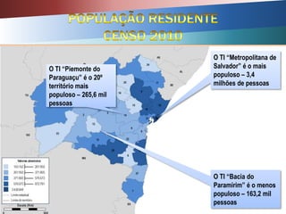 O TI “Metropolitana de
Salvador” é o mais
populoso – 3,4
milhões de pessoas
O TI “Bacia do
Paramirim” é o menos
populoso – 163,2 mil
pessoas
O TI “Piemonte do
Paraguaçu” é o 20º
território mais
populoso – 265,6 mil
pessoas
 