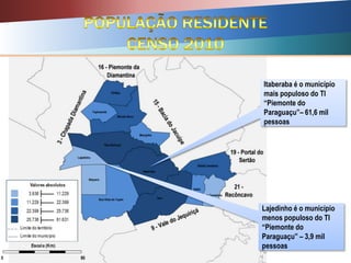 Lajedinho é o município
menos populoso do TI
“Piemonte do
Paraguaçu” – 3,9 mil
pessoas
Itaberaba é o município
mais populoso do TI
“Piemonte do
Paraguaçu”– 61,6 mil
pessoas
 