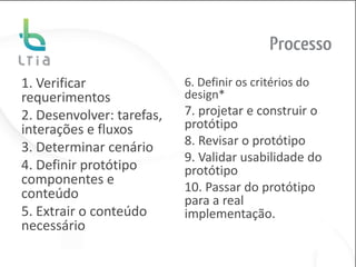 Processo
1. Verificar               6. Definir os critérios do
requerimentos              design*
2. Desenvolver: tarefas,   7. projetar e construir o
interações e fluxos        protótipo
3. Determinar cenário      8. Revisar o protótipo
                           9. Validar usabilidade do
4. Definir protótipo       protótipo
componentes e
conteúdo                   10. Passar do protótipo
                           para a real
5. Extrair o conteúdo      implementação.
necessário
 