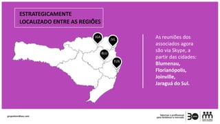 ESTRATEGICAMENTE
LOCALIZADO ENTRE AS REGIÕES
As reuniões dos
associados agora
são via Skype, a
partir das cidades:
Blumenau,
Florianópolis,
Joinville,
Jaraguá do Sul.
BLU
JVL
JGA
FLN
 